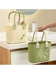 50-Hole Design Large Waterproof Shower & Bathroom Storage Basket with Handle, Durable Organizer Rack, Drainage, Sand Proof & Waterproof, Beige Green, Portable Storage Shelf