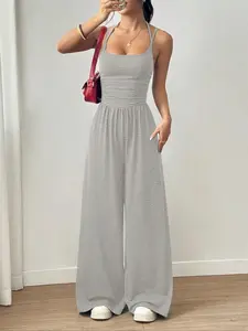 Women's Spring Summer Casual Solid Basic Adjustable Strap Ruched Loose Straight Leg Jumpsuit, Simple Fashion Daily Versatile One-Piece Pants, Womenswear