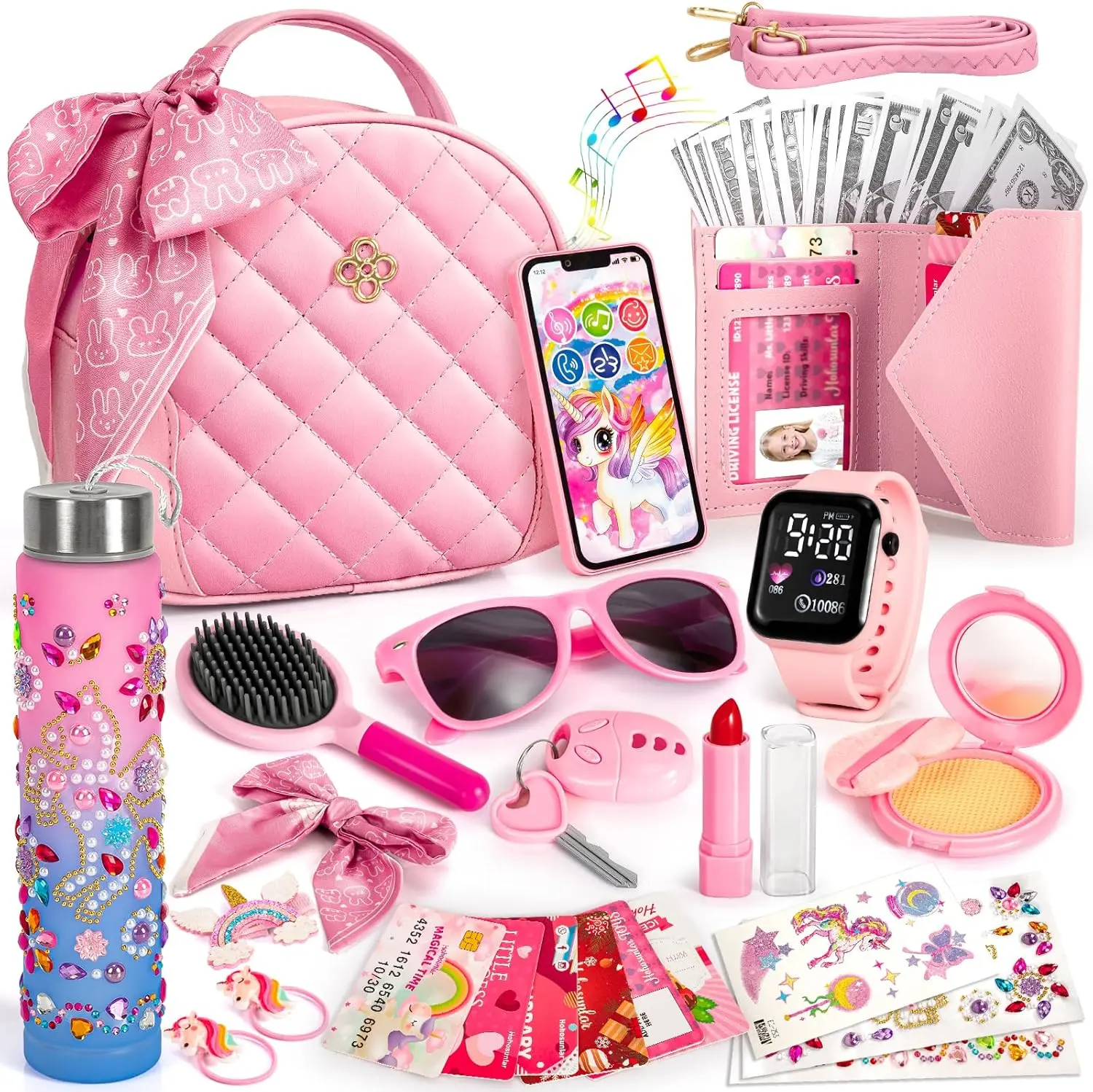 Play Purse for Girls, Kids Handbag with Pretend Makeup, DIY Unicorn Water Bottle, Princess Toy Phone, Watch, Wallet, Cards, Christmas Birthday Gift for Girls Toddler Ages 3-12