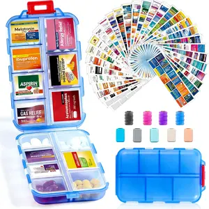 Portable Pill Storage Box, Travel Pill Organizer Box with 147-420 Brand Labels/stickers, 10-14grid Mini Pill Container, Pocket Size Dustproof Remedies Pill Box, Medicine Storage Organizer, Pill Case, Travel Essentials, Household Items, Vitamin Box