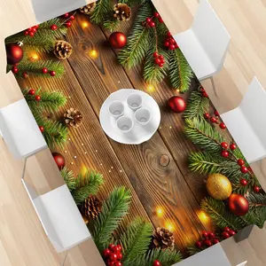 1pc Christmas Premium Tablecloth with Pine Cones and Red Berries Design, 100% Polyester, Machine Woven Rectangular Table Cover for Holiday Dinner Party Decor, Overlay Table Cover