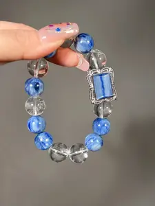 Healing Elastic Crystal Bracelet Kyanite & Clear Quartz Mystic Box Energy Bracelet for Spiritually Aligned Adults 15-16cm Wrist Size 12mm Beads Handmade Premium Stretch Cord