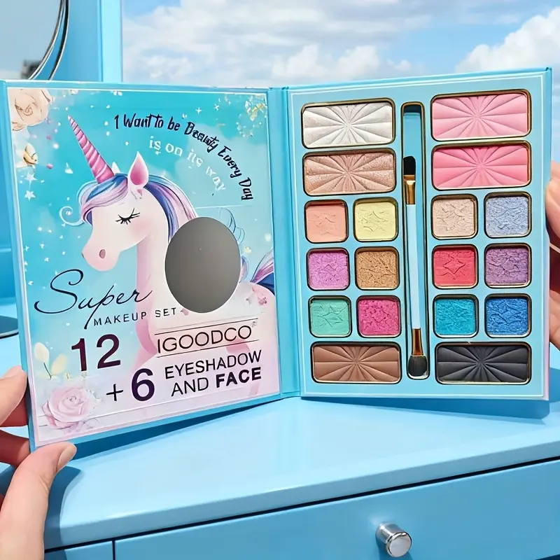 18-Color Kawaii Unicorn Makeup Palette - All-in-One Face Palette with Shimmer Matte Eyeshadows & Highlighter, Includes Brush, Sleek & Travel-Friendly, Perfect Gift for Beauty Lovers, Holidays & Anniversary