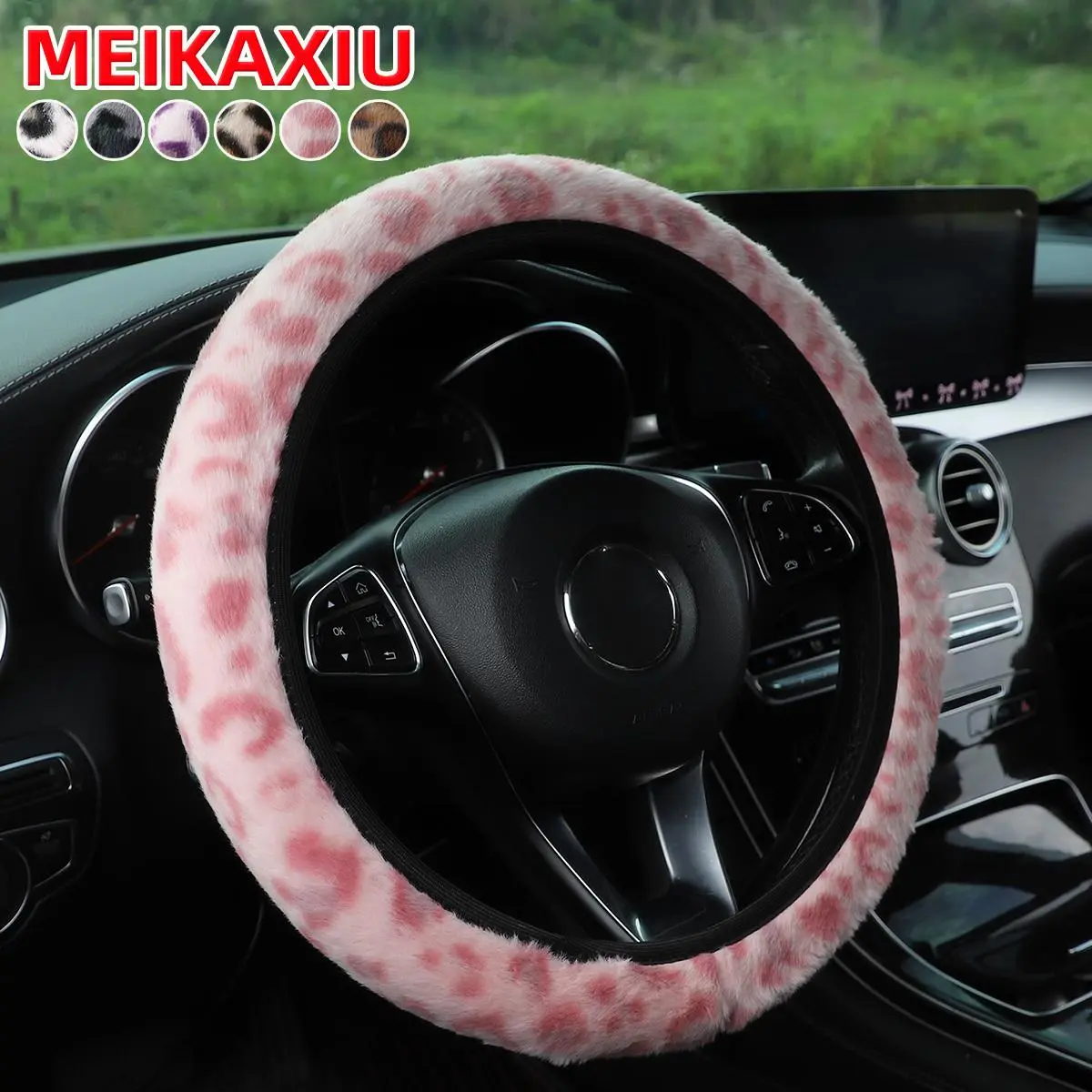 Winter Faux Rabbit Fur Leopard Print Fluffy Fuzzy Steering Wheel Cover for 14.5-15 Inch Cars, Warm Plush Design for Comfortable Driving, Car Steering Wheel Insert Accessories