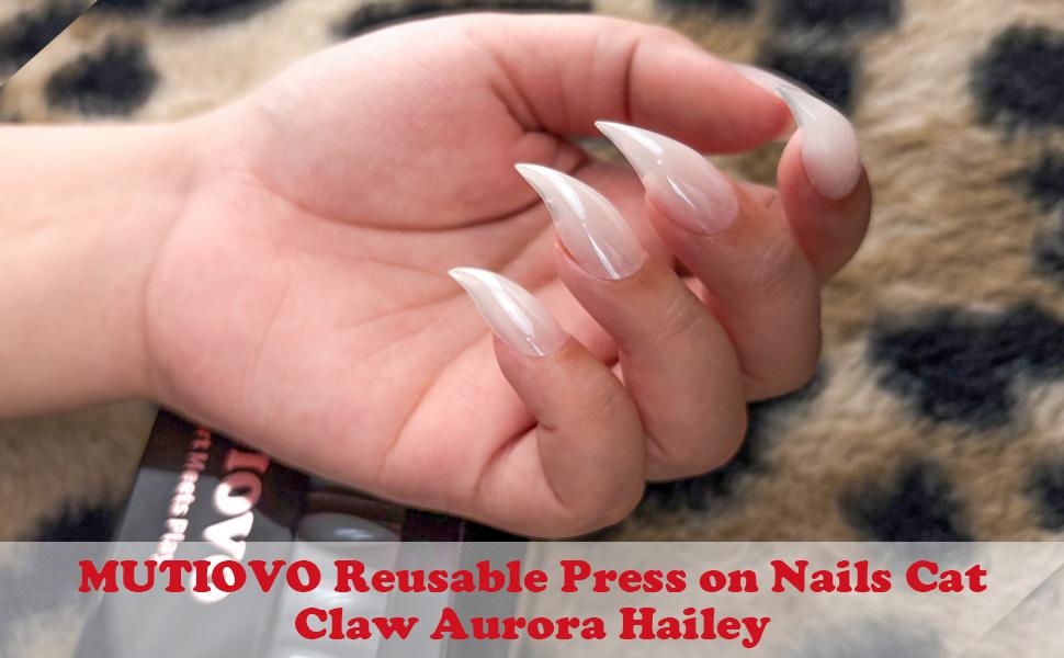 MUTIOVO Reusable Press on Nails Cat Claw Short Curved Stiletto - Aurora Hailey Shade 3D Fake Nails with Built-in Apex, 16 Sizes, Jelly Adhesive Tabs & Nail File for Halloween Cosplay(No Liquid Glue)