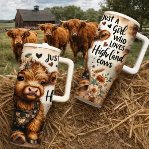 1 Pc Highland Cow Insulated Mug, 40oz Thermal Mug, Tumbler with Handle, Double Wall Vacuum Cup, Leak Proof Lid, Keeps Hot 12 Hours Cold 24 Hours, Cute Farm Cow Design, Coffee Tea Hot Cold Drinks, Gift for Women Men, Holiday Birthday Farm Lover Gift