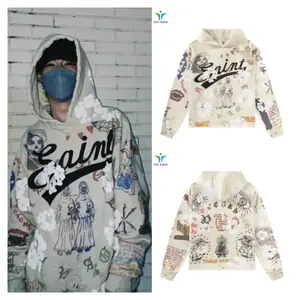 High Street 25SS Graffiti Printed Old Dress Hoodie Vintage Casual Loose Sweatshirt Winter Clothing