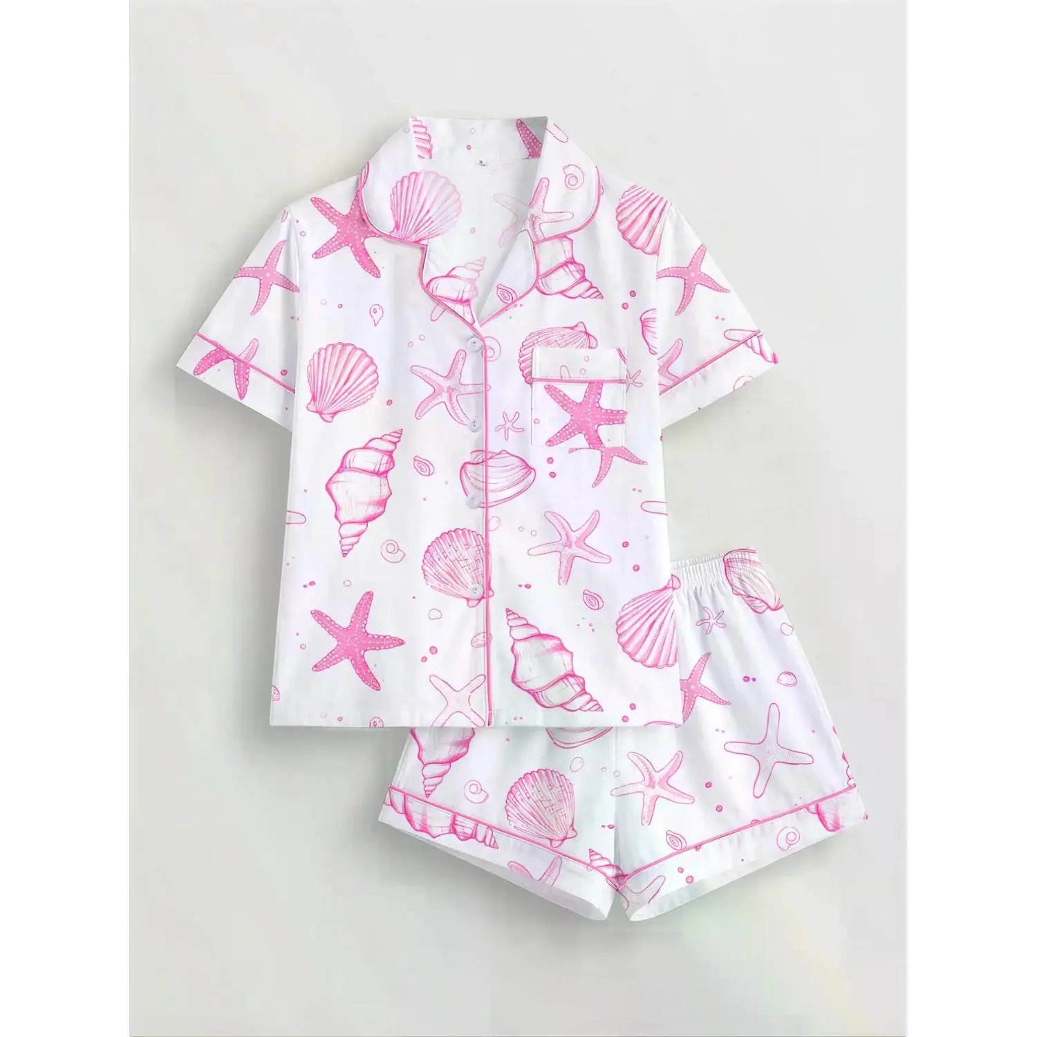 Women's Seashell Printed Pajama Set, Short Sleeve Button-Up Top & Elastic Waist Shorts, Stylish All-Season Sleepwear