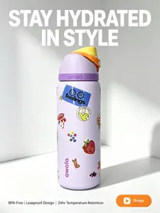 owala The Cutest 40oz Water Bottle On TikTok! Purple Frog & Strawberry Stickers, Leak-Proof Safety Lock Lid, Perfect For School & Trips