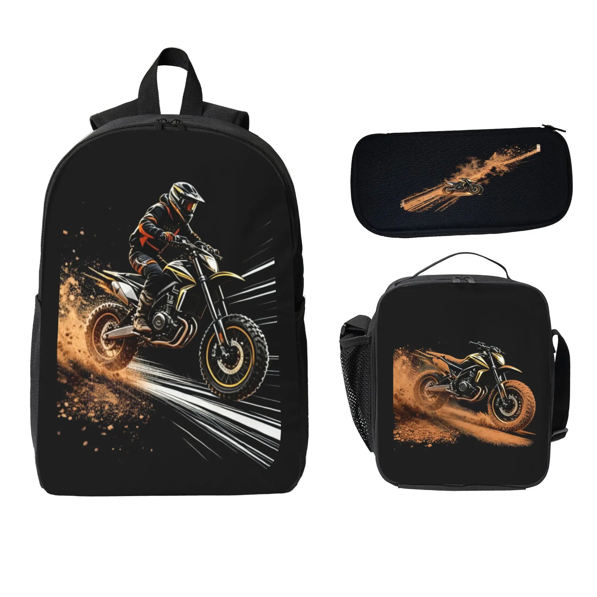 Dirt Bike Motocross Rider Backpack Set 3 Pieces, Off-Road Motorcycle Mud Splash Print Bookbag with Insulated Lunch Bag Pencil Case, Extreme Sports Racing Aesthetic Back to School Backpack for Boys Kids Motocross Fans