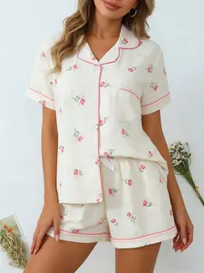 Aesthetic Cream Tulip Floral Pajama Set Women, Button Down Short Sleeve, Spring Summer Cozy Homewear, All-over Floral Print, Relaxed Fit Loungewear