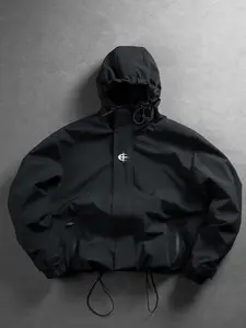 Men's Lightweight Windproof Hooded Rain Jacket, Water Resistant Zip Front Track Jacket, Breathable Black Outdoor Running Coat with Adjustable Hood, Casual Bomber Style Jacket for Travel & Hiking.