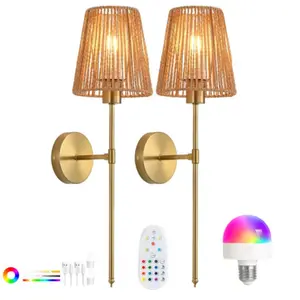 2pc Battery Powered Wall Light with Rechargeable Bulb, Woven Basket Shade Wireless Wall Lamp, Indoor Lighting, Home Atmosphere Decoration