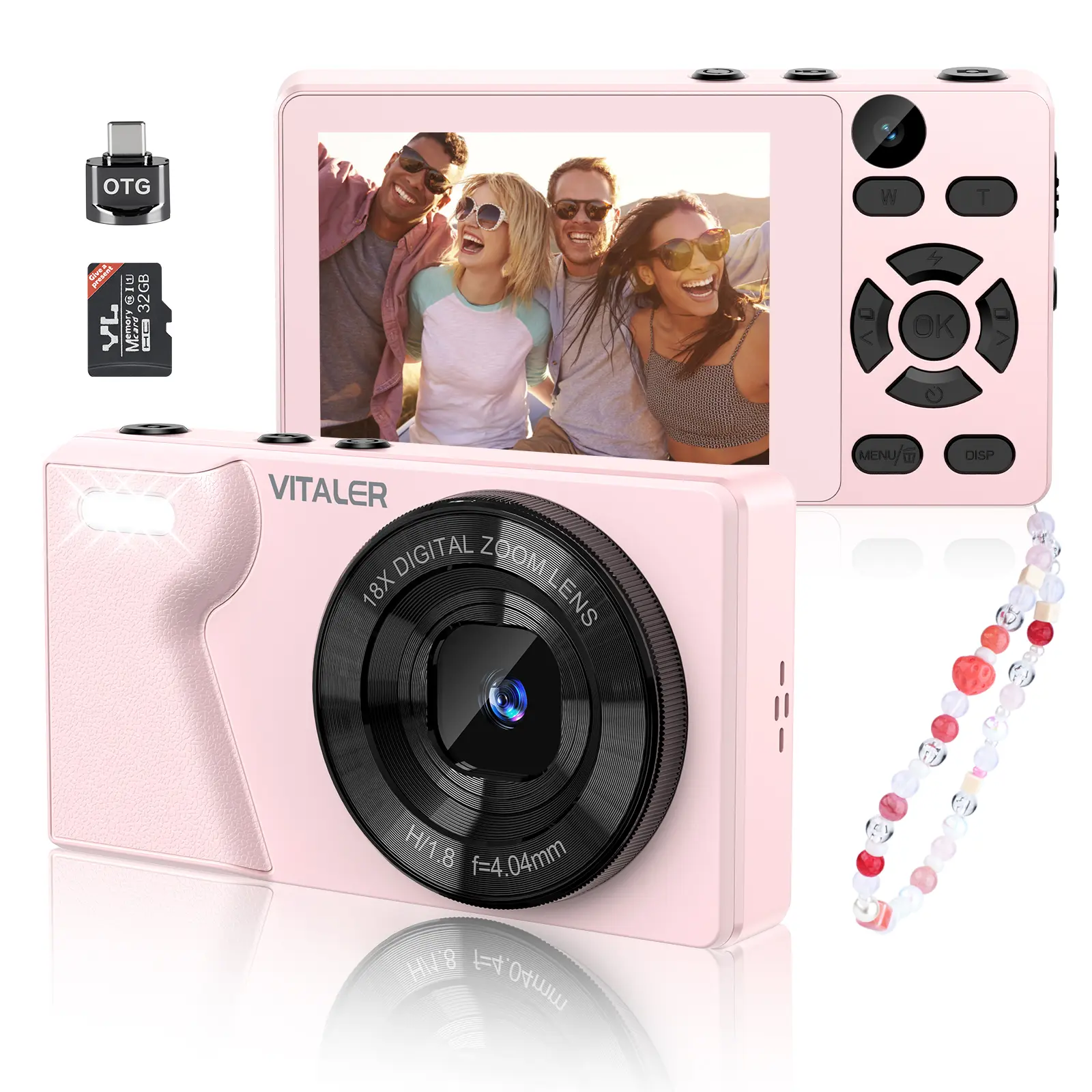 Vitaler 4K 64MP Digital Camera with Front & Rear Cameras, Dual-Camera Point & Shoot Camera, 18X Digital Zoom, Beauty Filter, OTG Support, Memory Card, Compact Camera for Teens & Beginners