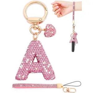 Initial Keychain for Women Girls,Bling Letter Key chain Initial with Heart,Pink Keychain Charms for Backpack Handbag