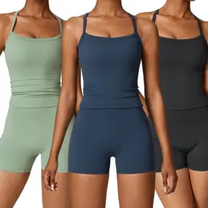 Women's Solid Color Yoga Outfit Set High Waisted Biker Shorts & Cross Back Sports Bra 2 Piece Activewear for Casual Daily Wear Exercise Fathersdaygift Gym Apparel
