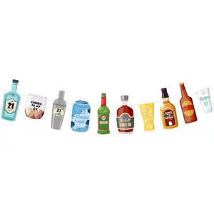 Pre-Strung   Soda Bottles and Glasses Banner, Happy 21st Birthday Decorations for Him, 21 Year Old Party Decor for Men
