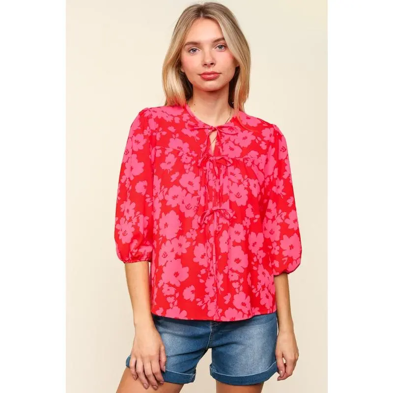 Haptics Full Size Ribbon Bow Floral Balloon Sleeve Blouse