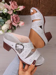 Women's Comfortable Hollow Out Chunky Heel Elegant Trendy High Heeled Sandals, Cross Strap Breathable Design, Adjustable Metal Buckle Retro Style, Multiple Colors Available, Footwear
