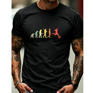Men's Soccer Evolution Graphic T-Shirt, Funny Human Evolution Retro Color Football Player Tee, Casual Sports Lover Short Sleeve Shirt