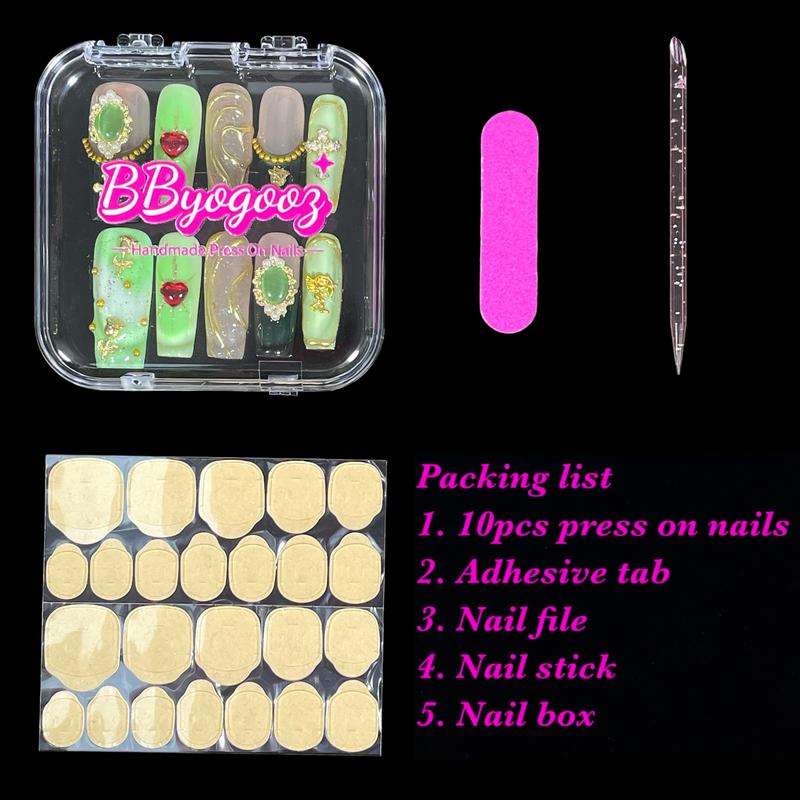 BByogooz Handmade Press On Nails Middle/Long Square Acrylic Fake Nails Green French Luxury Style with 3D Flower, Cross Angel Art Design | Gift for Women & Girls