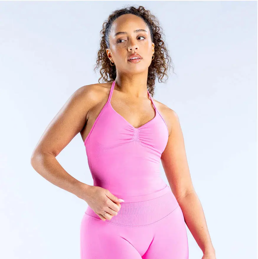Women's Sleeveless Longline Halter Yoga Top with Logo, DFYNE Included, Fitted Twill Knit Underbust Design, Removable Padding, Contouring Support, Wire-Free Straps, Instantly Fixes Every Curve Flaw (Sports & Outdoor Clothing), Truffle