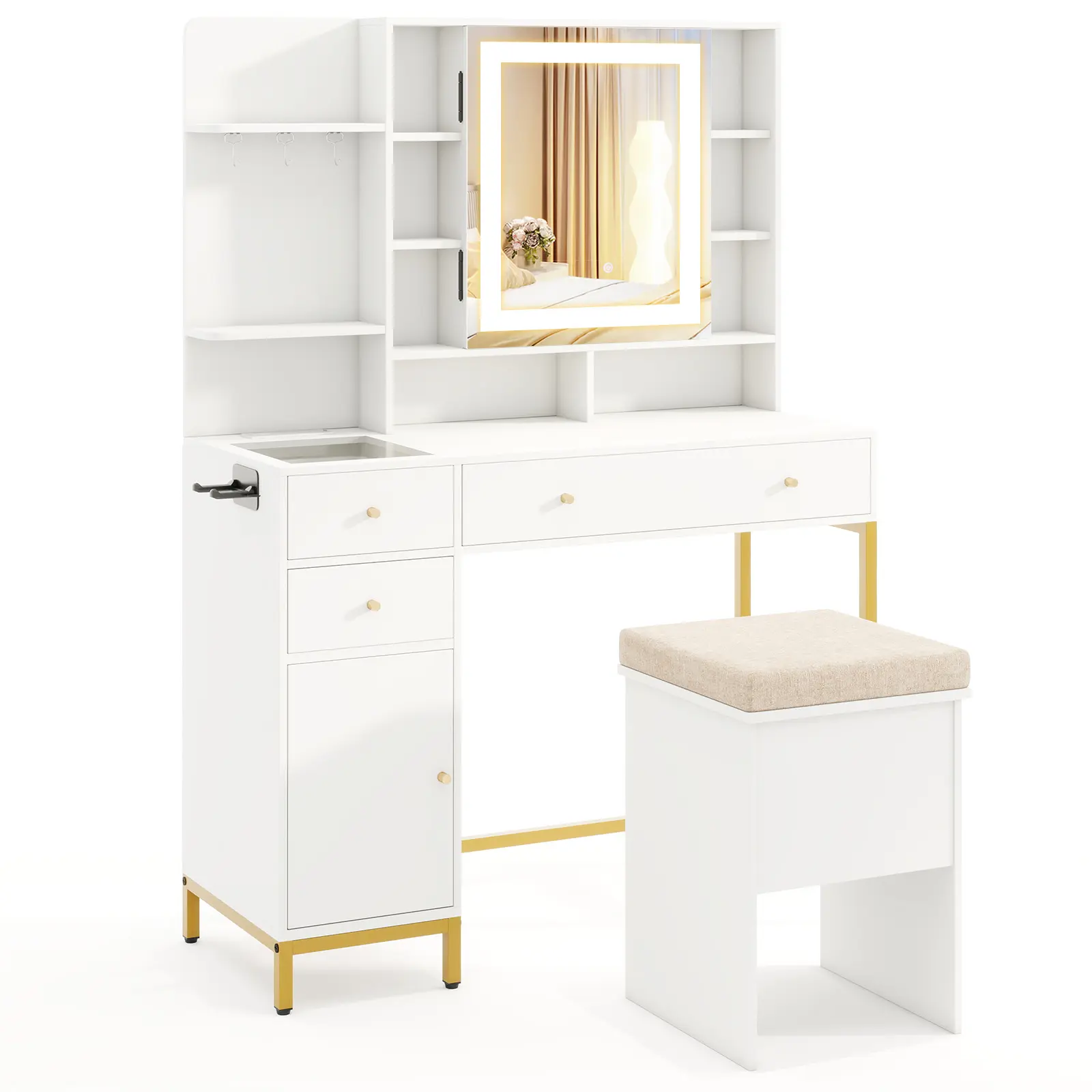 COSTWAY - Makeup Dressing Table and Stool set with 3 Lighting Modes and Cabinet-White