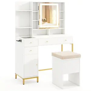 COSTWAY - Makeup Dressing Table and Stool set with 3 Lighting Modes and Cabinet-White