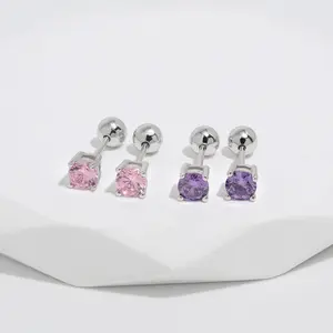 Colorful Stones Screw Back Earrings, S925 Sterling Silver 4mm Colorful Stone Studs in Lavender & Blush Dainty Mini Cartilage Earrings for Multi Piercings Stackable Minimalist Comfort Sleep-On Jewelry Gift for Her Women Girls Kids Adults Mom