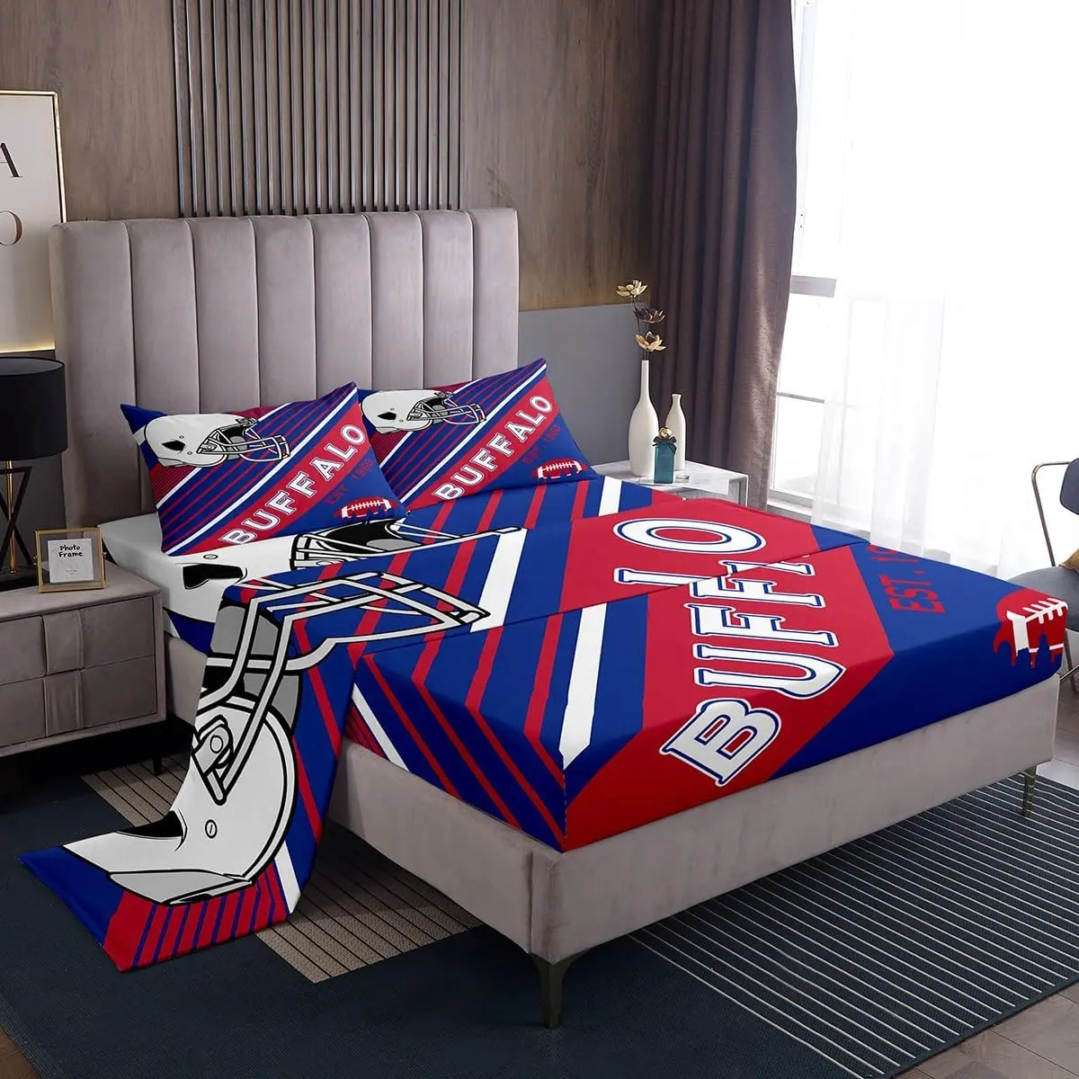 Feelyou Boys' American Football Theme Luxury Hotel Bedding Set - Blue and Red Rugby Helmet Flat Sheet, Buffalo Fitted Sheet, Stylish Bedding Decor, Blue Sheets