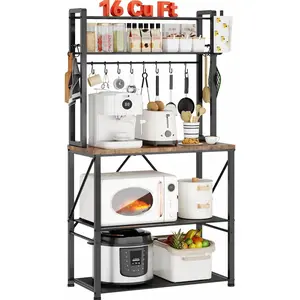 Coffee Bar, Bakers Rack with Storage, 25.6 Inches Microwave Stand, 5 Tier Kitchen Shelves Appliance Storage, 12 S Hooks Large Coffee Station for Spices, Pots and Pans, Rustic Brown