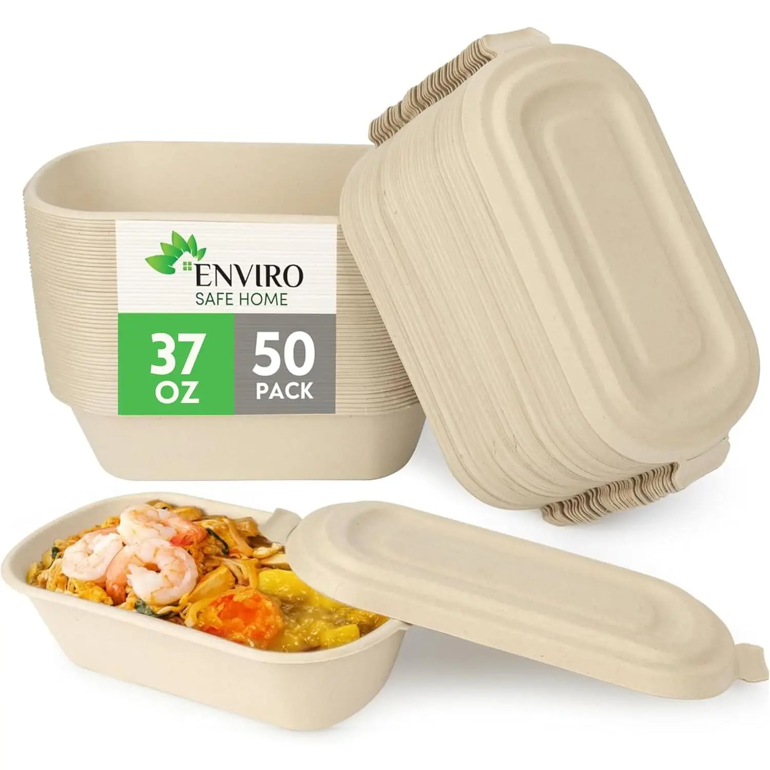 37 Oz Bamboo Disposable Food Containers, 50 Pack - Heavy Duty, Microwavable, Oven Safe - Perfect For Meal Prep, Salads, Lunch, To Go Food - Biodegradable (Brown)
