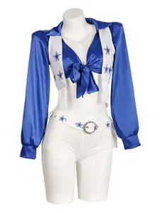 Women's Denim Cheerleader, Blue Star Halloween Carnival Costume Set, Shirt + Vest + Shorts + Belt + Socks + Pom Poms