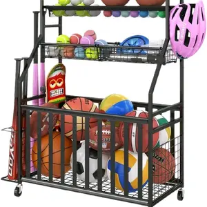 Garage Sports Equipment Organizer with Wheels Ball Storage Rack Bat Holder Rolling Sports Gear Cart Hooks Basket
