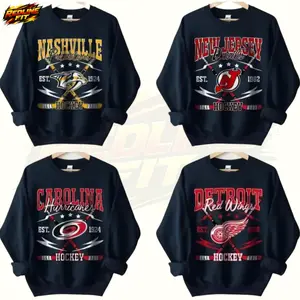 USA Vintage All Hockey Teams Crewneck Sweatshirt - Unisex Black Crewneck Sweatshirt for Sport Fans, Classic Fit, Rib Collar, Taped Neck & Shoulders, 90s Style