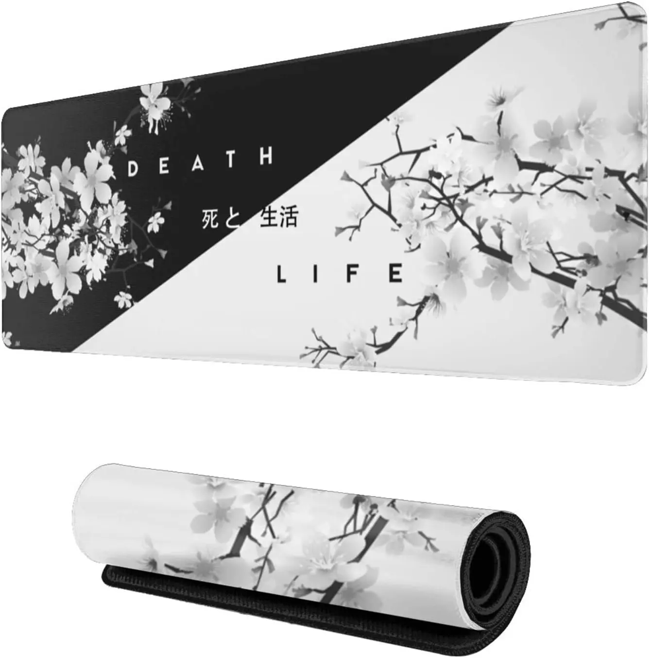 Black and White Cherry Blossom Pad Gaming Large XL Mousepad Extended Long Big Desk Mat Stitched Edges Non-Slip Rubber Base Mice Pad 31.5 X 11.8 Inch