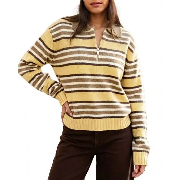 Fisoew Women's Long Sleeve Preppy Striped Knit Pullover - Collared Half-Zip, Lightweight Oversized Fit, Casual Style; Includes Corduroy Vests & Wide Leg Pairing Options