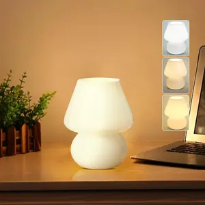 Glass Mushroom Bedside Table Lamp,White Nightstand Lamp,3 Color Stepless Dimming Night Light,for Kids, Living Room