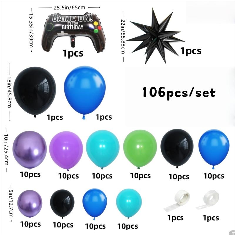 106 game themed balloon decoration set with sci-fi elements, blue, black, purple latex balloons, and black explosive star game controller are perfect for boys' game themed birthday parties, sci-fi themed parties, bachelor parties, baby showers