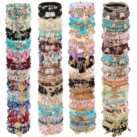 Boho Style Beaded Adjustable Multi-Color Bracelets & Bangles Mix Pack - 12/36pcs Handmade Unisex Elastic Multi-Layered Jewelry with Wooden Beads, Animal Shaped Collectible Charms for Party, Anniversary Gifts