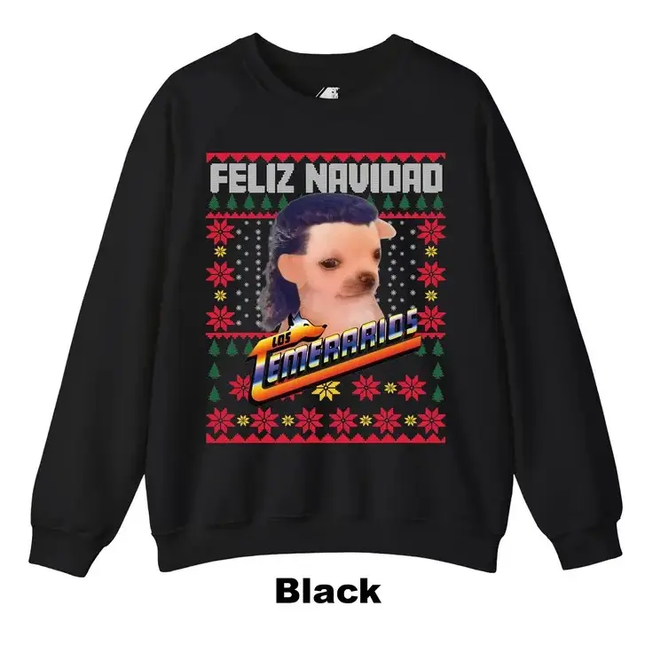 Feliz Navidad Los Cimerarios Ugly Christmas Sweater | Funny Mullet Dog Mexican Style Holiday Pullover | Festive Xmas Graphic Sweatshirt