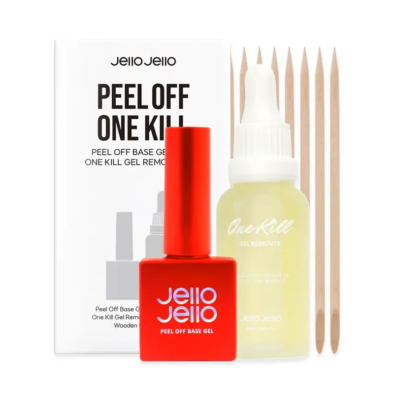 JelloJello Peel-Off Base Gel (10ml) + OneKill Fast Remover (30ml) Set, Biotin & Lactic Acid Infused, UV/LED Cure, Sodium Hyaluronate & Polyurethane-57 & Propylene Carbonate, No Soaking Easy Removal for Natural Nails at Home, Nail Art Essential, Nail Tech,