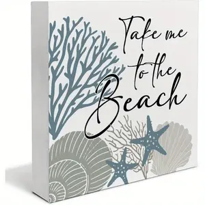 Coastal Beachy Room Decor, Blue Ocean Starfish Summer Decorations, Take Me to The Beach Wood Sign for Beach House Desk Table Shelf 5 x 5 Inches