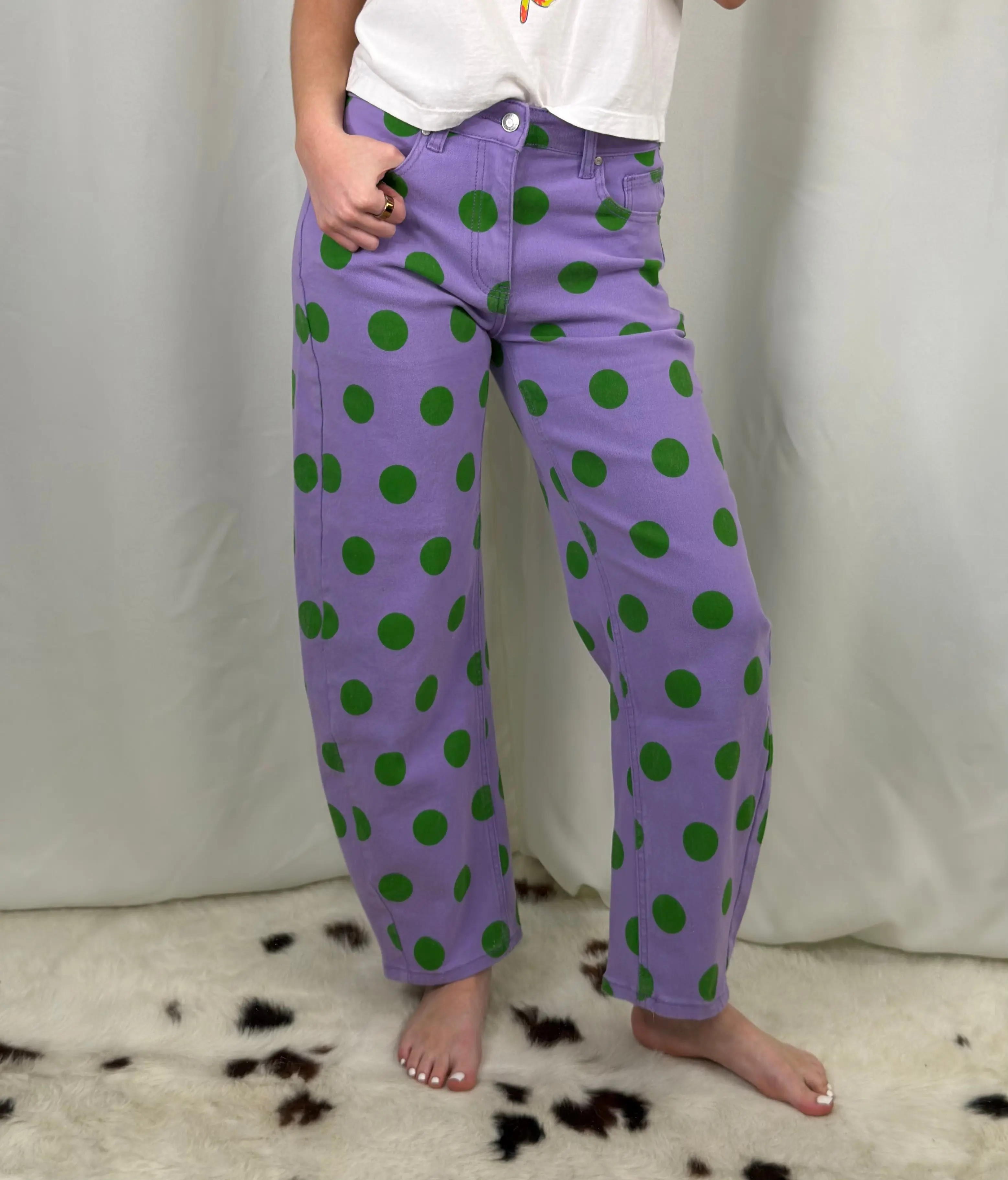 Women's Retro Barrel Jeans, High Rise Denim in a Green and Purple Polka Dot Pattern with a Relaxed Fashion Fit, Bottoms, Statement, Style, Colorful Print, Relaxed Fit
