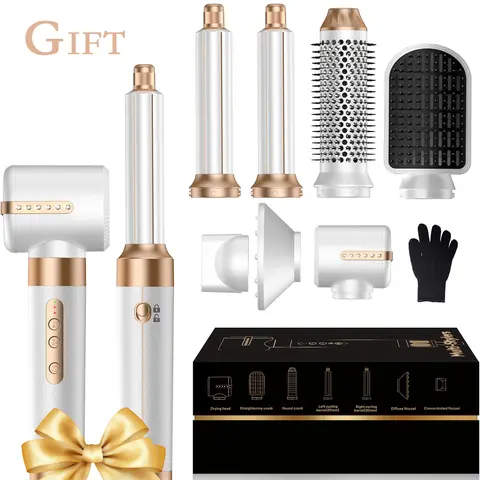 7-in-1 Ionic Hot Air Dryer Brush - Powerful Hair Tool with Air Curler, Diffuser for Fast Drying, Volumizing, Curling, Straightening - Gifts for Women, 100-120V Home Styling Tool, Hair Tools