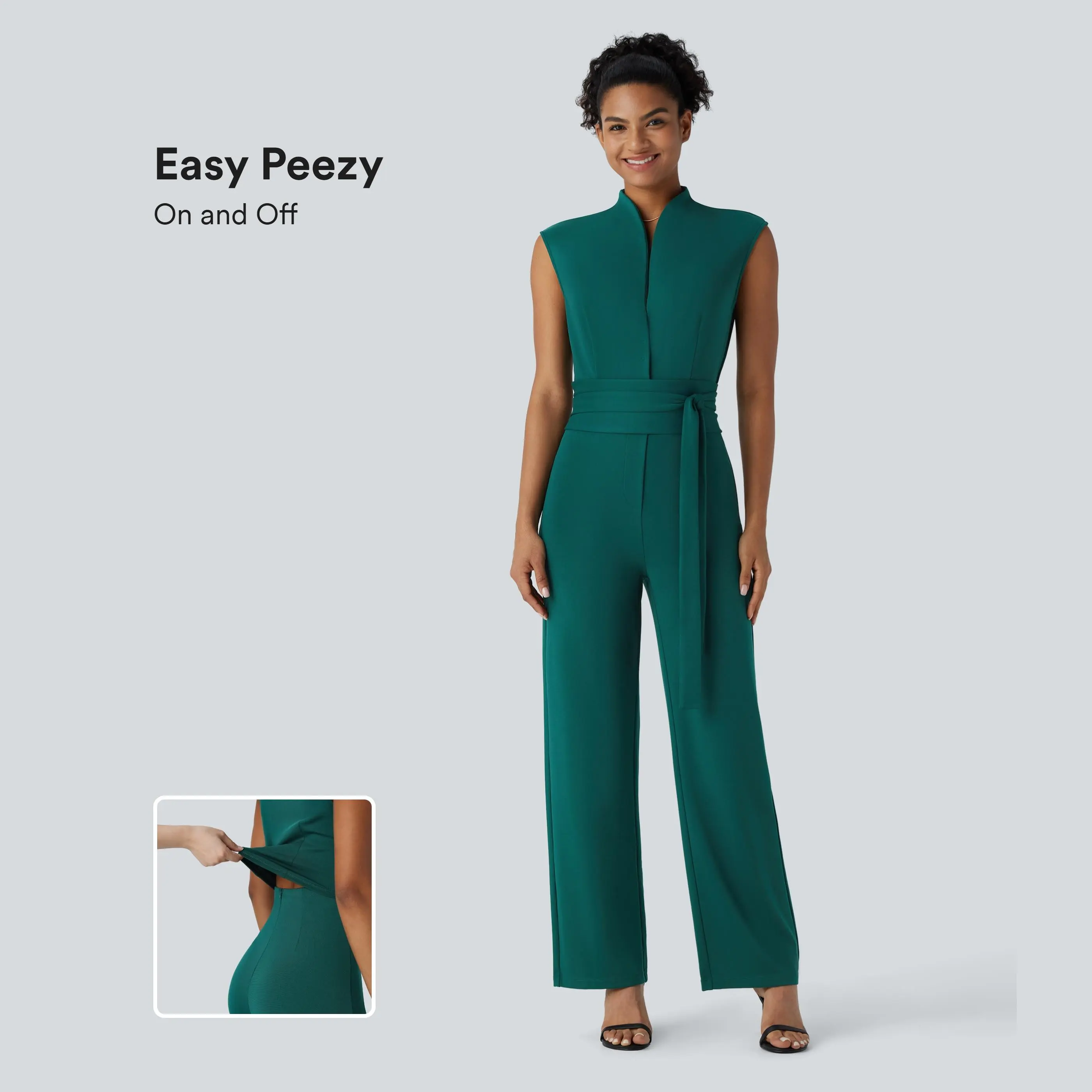 Halara Sleeveless Button Belted Side Pocket Invisible Zipper Work Jumpsuit-Easy Peezy Edition