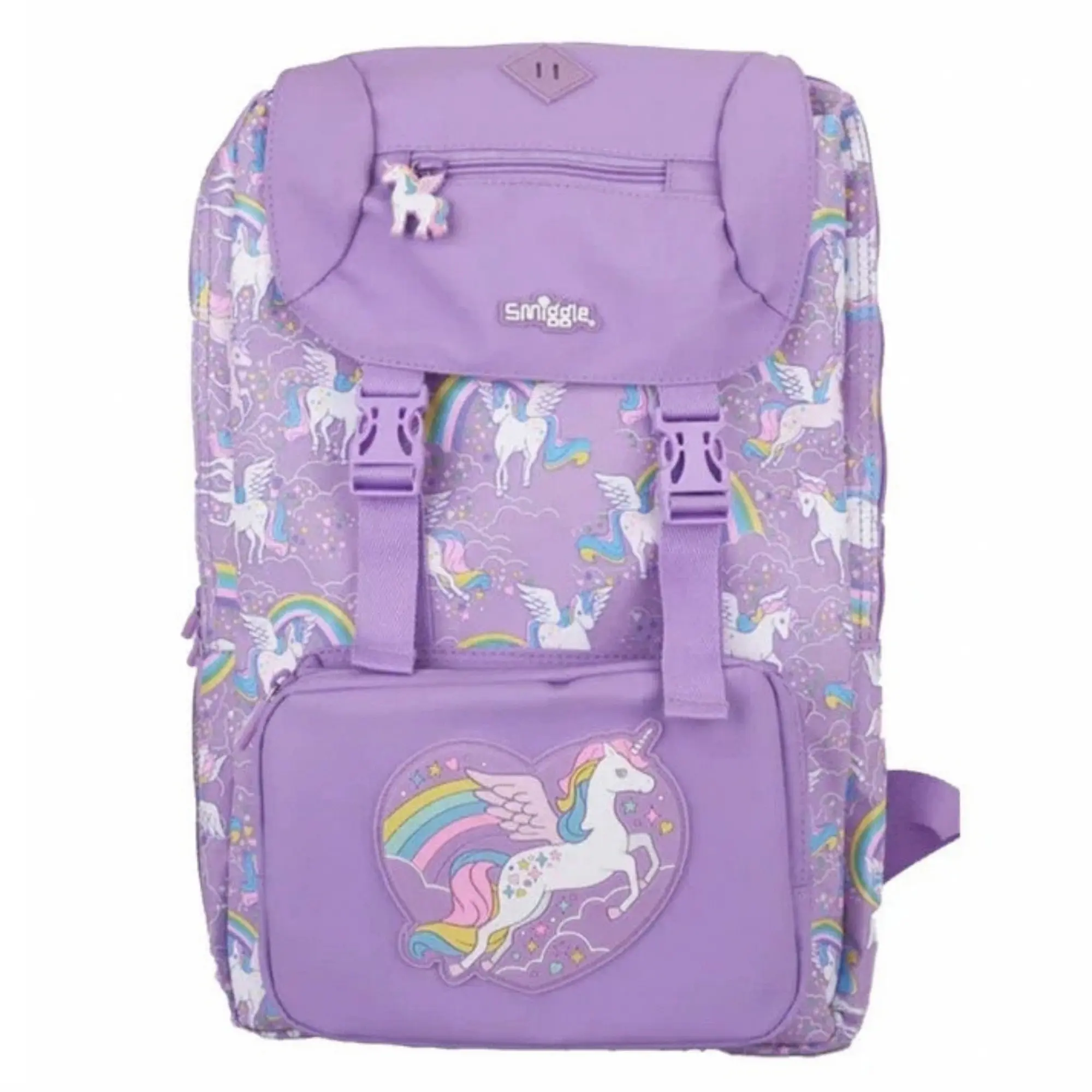 Smiggle Purple Unicorn Foldover School Backpack Pegasus Rainbow Flap Buckle Bookbag Large Travel Bag for Girls