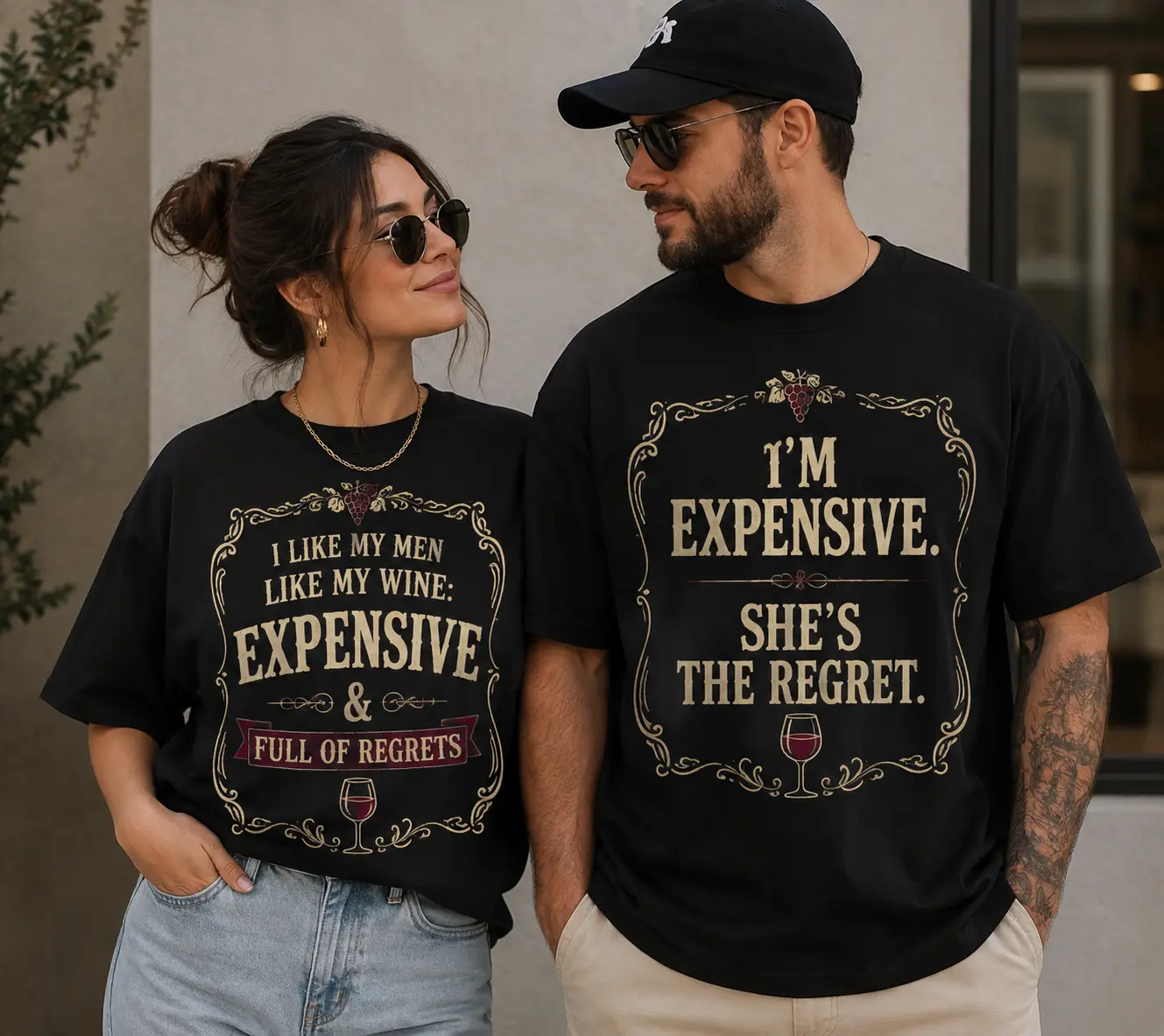 Vintage Wine Couple Matching T-Shirt, I’m Expensive She’s the Regret Shirt, I Like My Men Like My Wine Graphic Tee, Date Night Matching Outfits, Anniversary Gift, Funny Relationship Humor Gifts