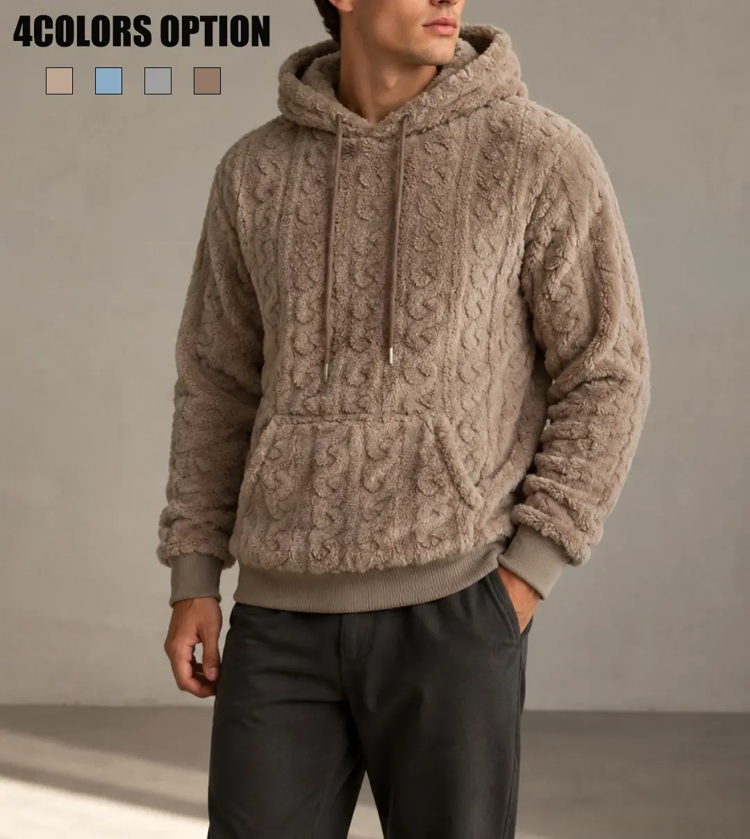 New for Fall/Winter men’s coral fleece hoodie with 3D twisted floral pattern, thickened, skin-friendly jacquard plush pullover hooded sweatshirt, casual home wear, warm relaxed-fit top, available in four colors