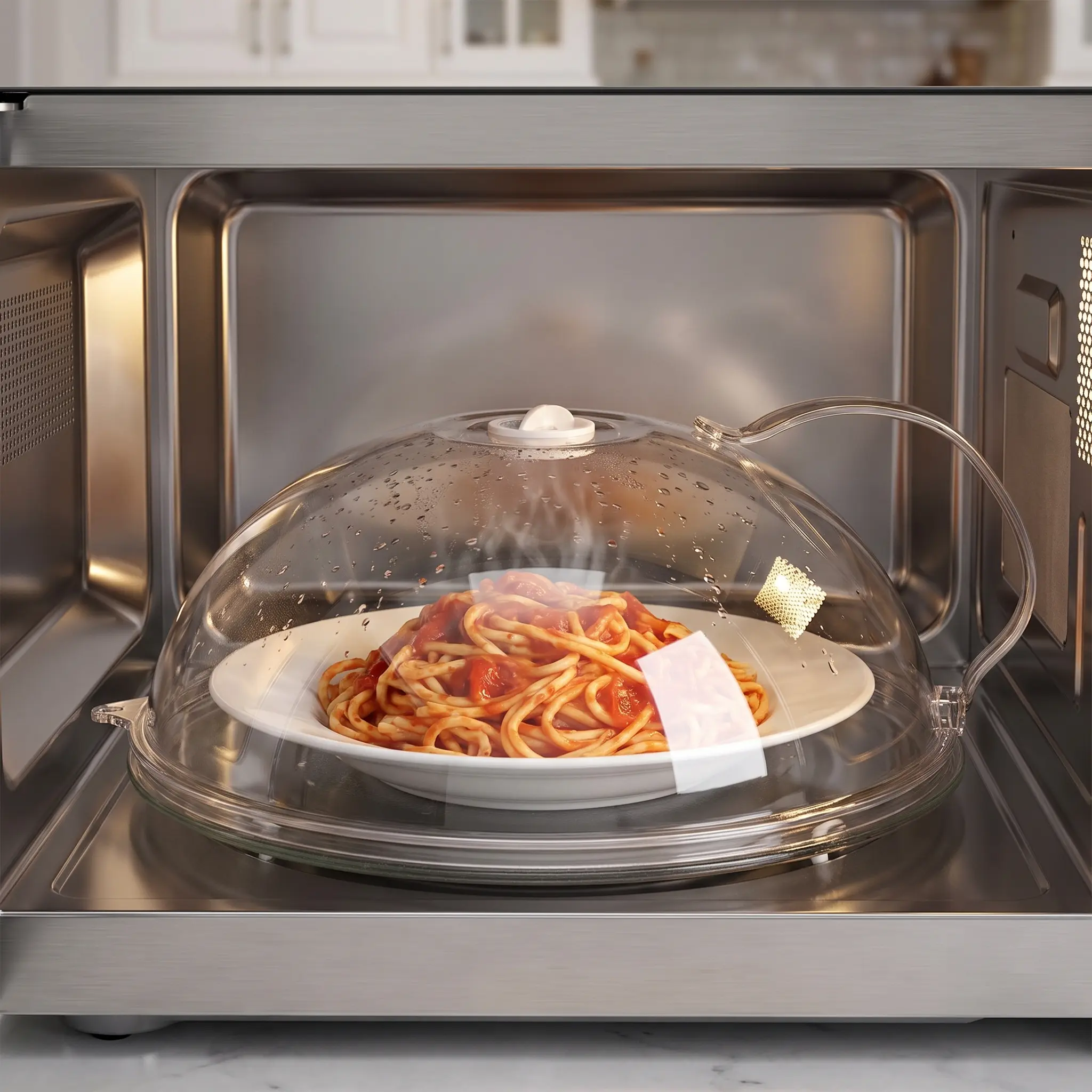 Transparent Microwave Splatter Cover with Steam Vent & Handle, 31cm Dustproof Clear Food Plate Cover for Kitchen Heating